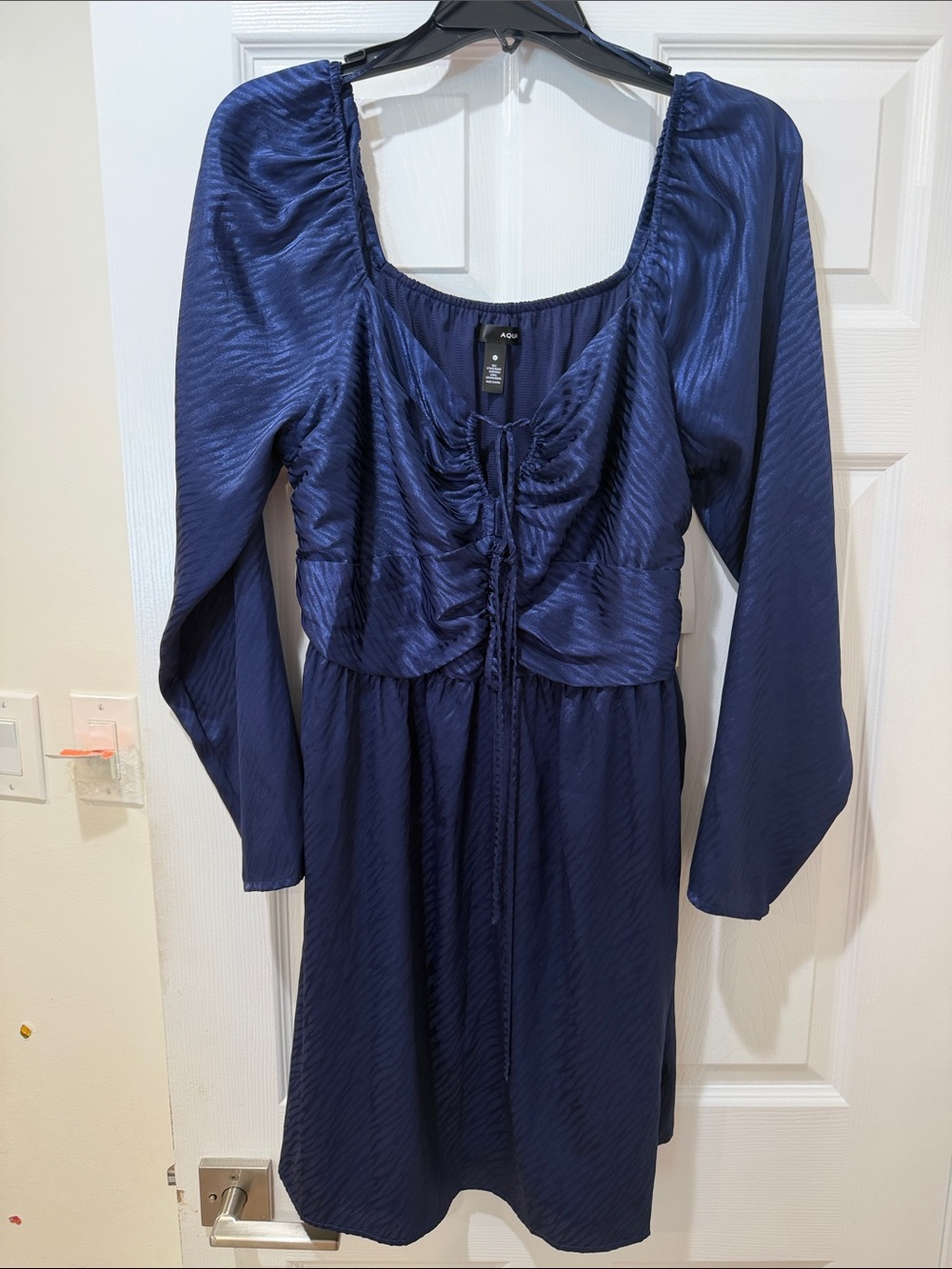Aqua Navy Blue Long-Sleeve Ruched Front Dress